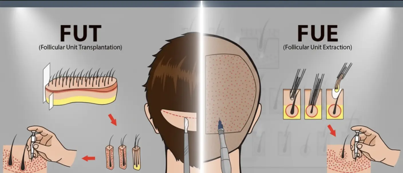 Diagram comparing Follicular Unit Transplantation (FUT) and Follicular Unit Extraction (FUE) hair transplant methods.