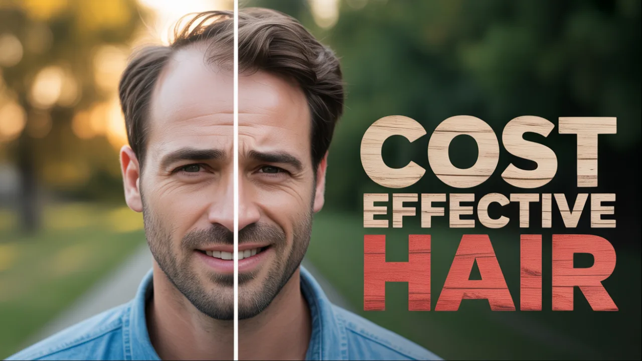 A split image of a man's head, showing hair loss on the left side and a full head of hair on the right, with the words "COST EFFECTIVE HAIR" on the right.