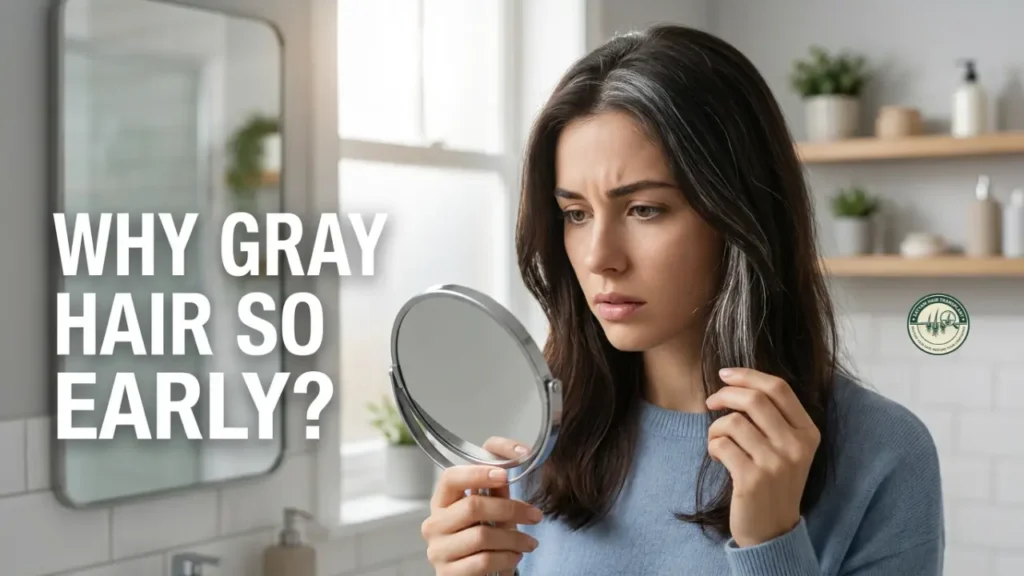 Young woman checking gray hair with a handheld mirror at home.