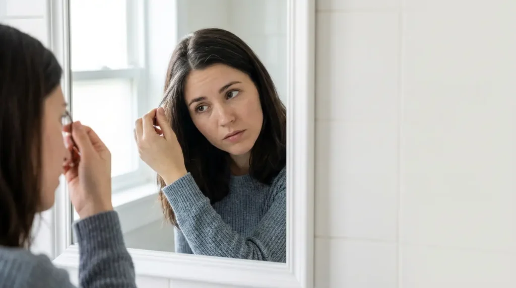 Young woman checking her hair in the mirror for early gray strands.