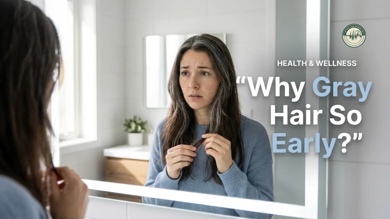 Young woman looking at her hair in the mirror, noticing early gray strands with a concerned expression.